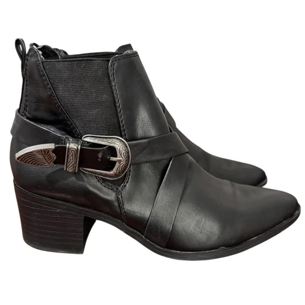 London Rag Womens Harlie Black Western Buckle Pointed Ankle Heeled Boots Boho 8 - Picture 8 of 13